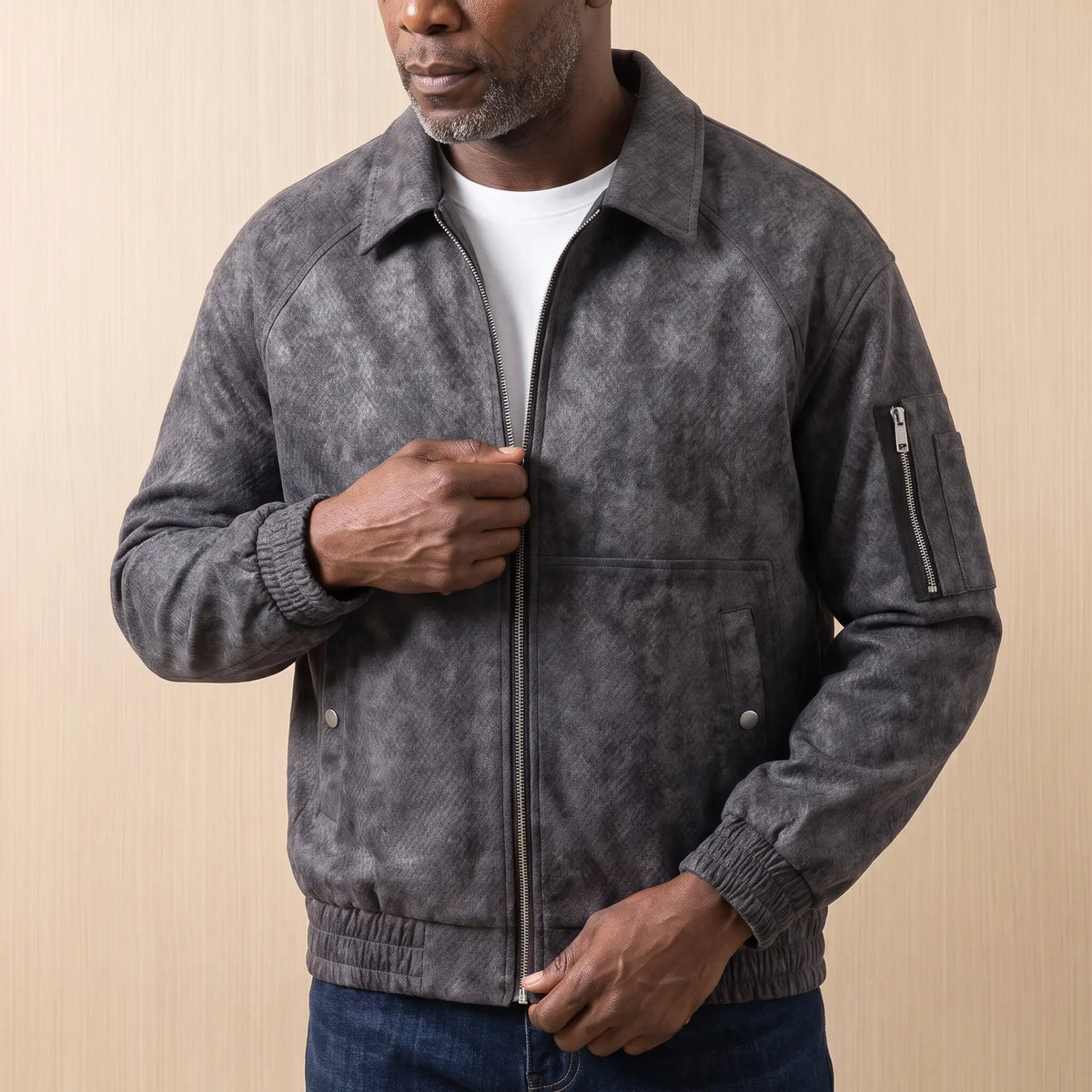 Textured Zip Jacket in Grey worn over a white tee