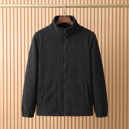 THICK POLAR FLEECE in Black - polar fleece jacket with tall stand collar and full front zip, on a wooden hanger