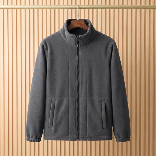 THICK POLAR FLEECE in Grey - polar fleece jacket with tall stand collar and full front zip, on a wooden hanger