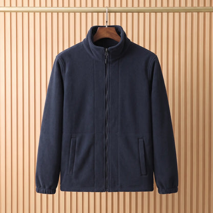THICK POLAR FLEECE in Navy Blue - polar fleece jacket with tall stand collar and full front zip, on a wooden hanger