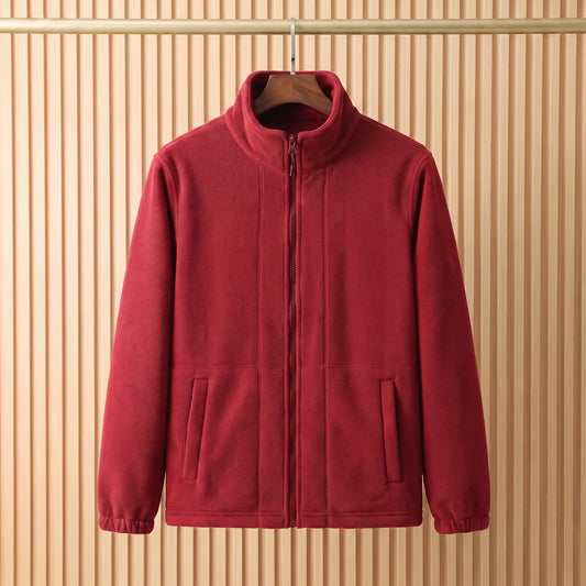 THICK POLAR FLEECE in Red - polar fleece jacket with tall stand collar and full front zip, on a wooden hanger
