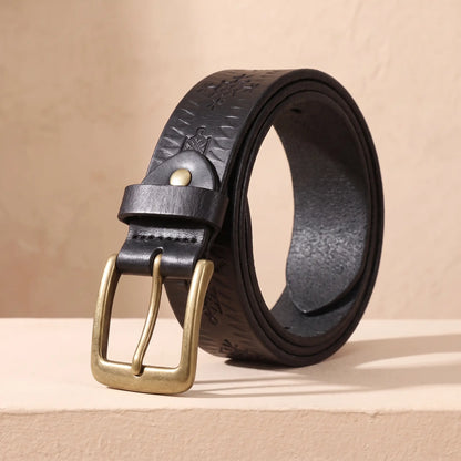 THICK STAMPED BELT in black, real cowhide belt with pressed tribal pattern and antique brass buckle