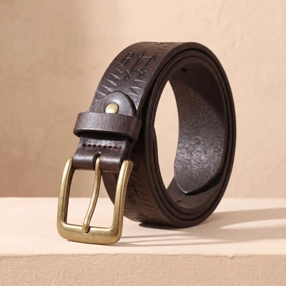 THICK STAMPED BELT in brown, real cowhide belt with pressed tribal pattern and antique brass buckle