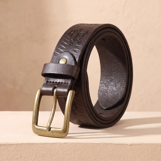 THICK STAMPED BELT in brown, real cowhide belt with pressed tribal pattern and antique brass buckle