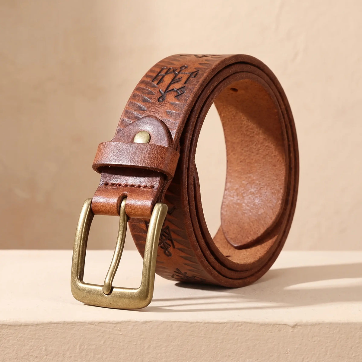 THICK STAMPED BELT in khaki, real cowhide belt with pressed tribal pattern and antique brass buckle
