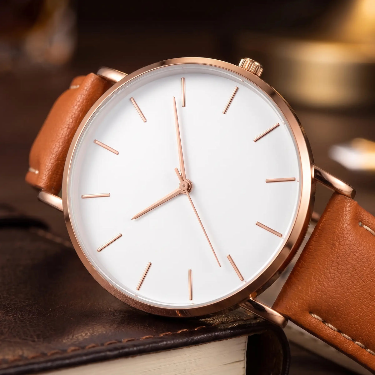 Thin Case Watch in Brown White, white dial and rose gold hands close-up