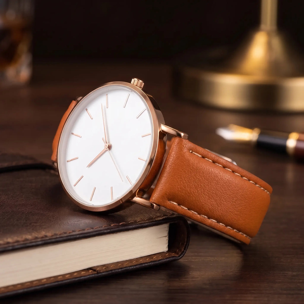 Thin Case Watch in Brown White, thin case, crown and stitched strap
