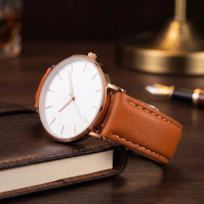 Thin Case Watch in Brown White, thin case, crown and stitched strap