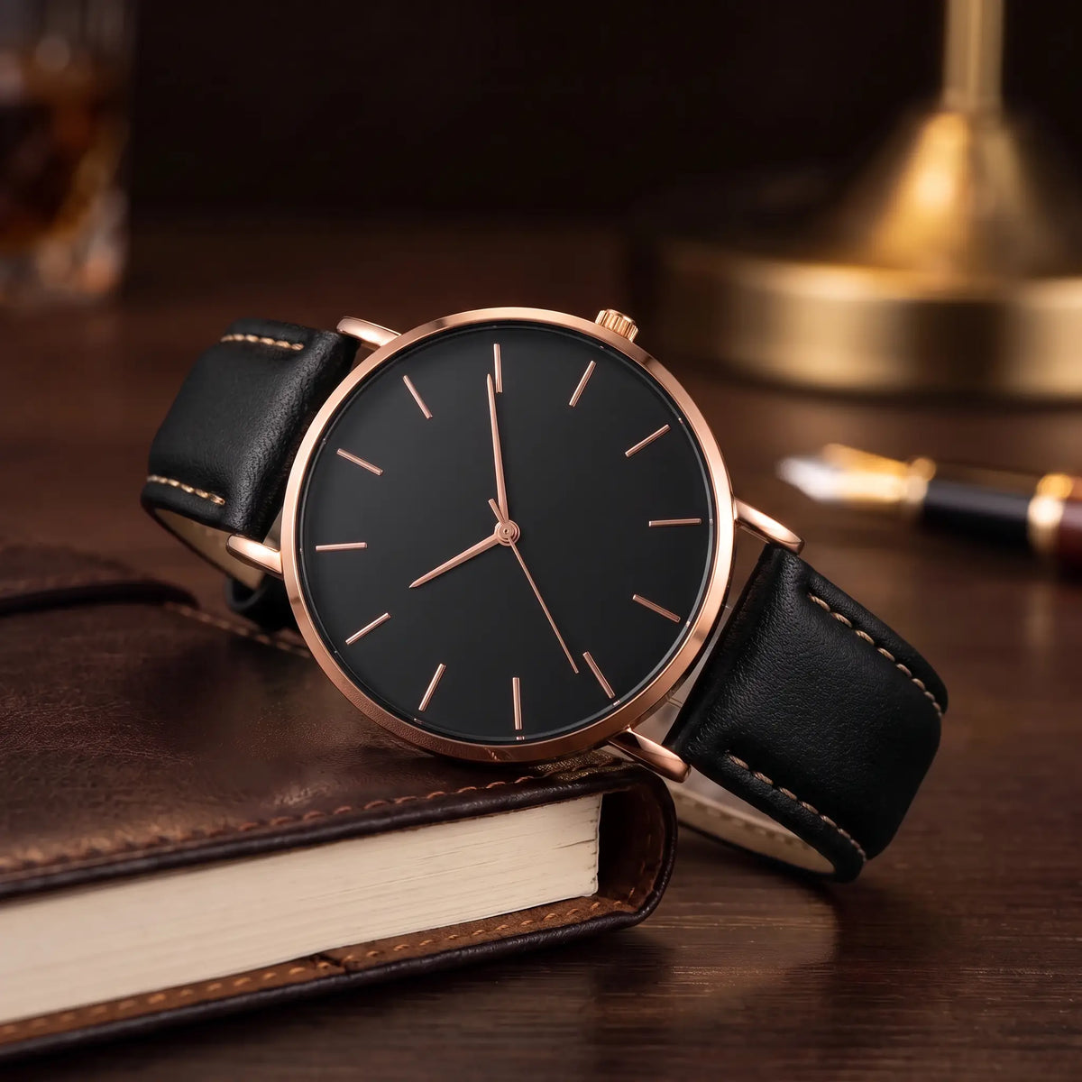 Thin Case Watch in Rose Gold Black