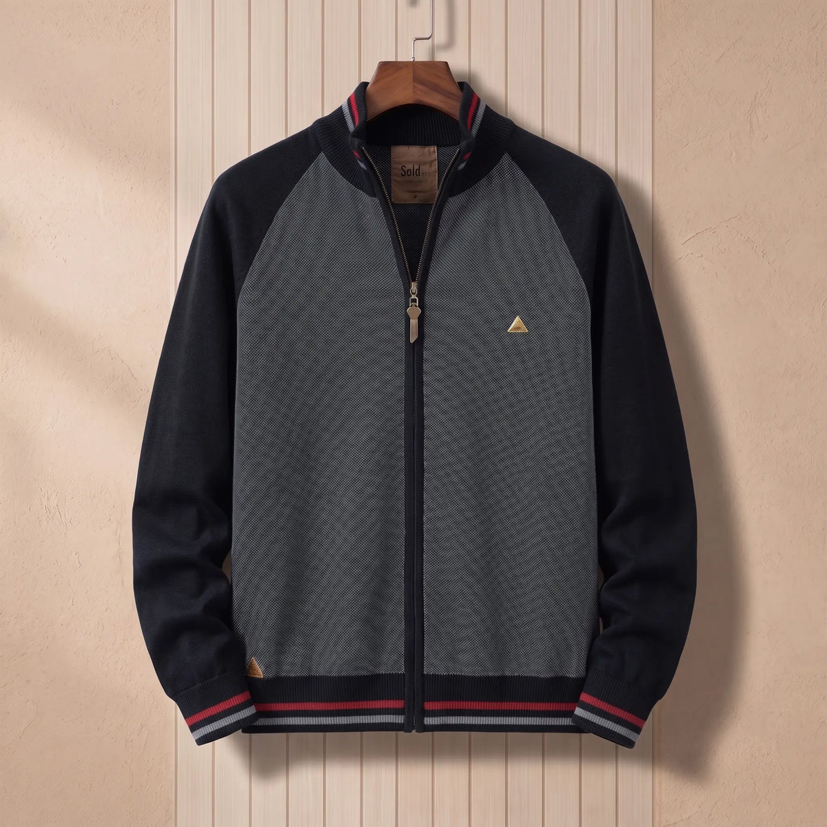 Men's black and charcoal colour-block zip knit cardigan with tipped stand collar and striped hem