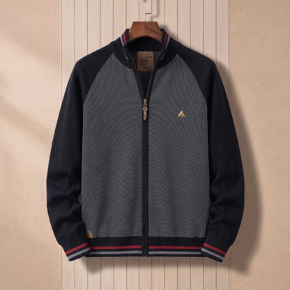 Men's black and charcoal colour-block zip knit cardigan with tipped stand collar and striped hem