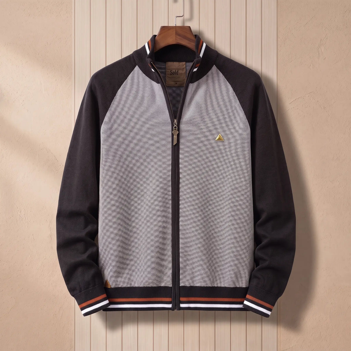 Men's brown and grey colour-block zip knit cardigan with tipped stand collar and striped hem