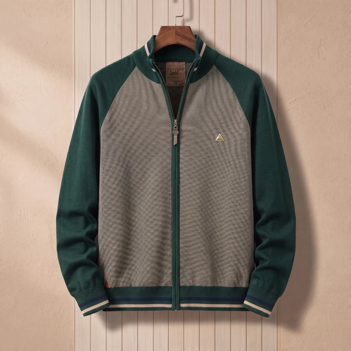 Men's green and khaki colour-block zip knit cardigan with tipped stand collar and striped hem
