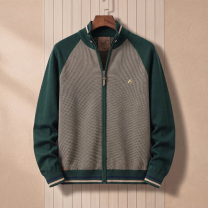 Men's green and khaki colour-block zip knit cardigan with tipped stand collar and striped hem
