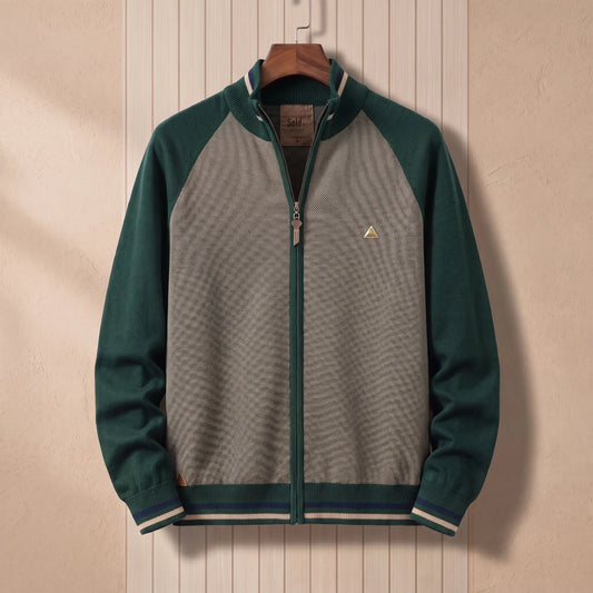 Men's green and khaki colour-block zip knit cardigan with tipped stand collar and striped hem