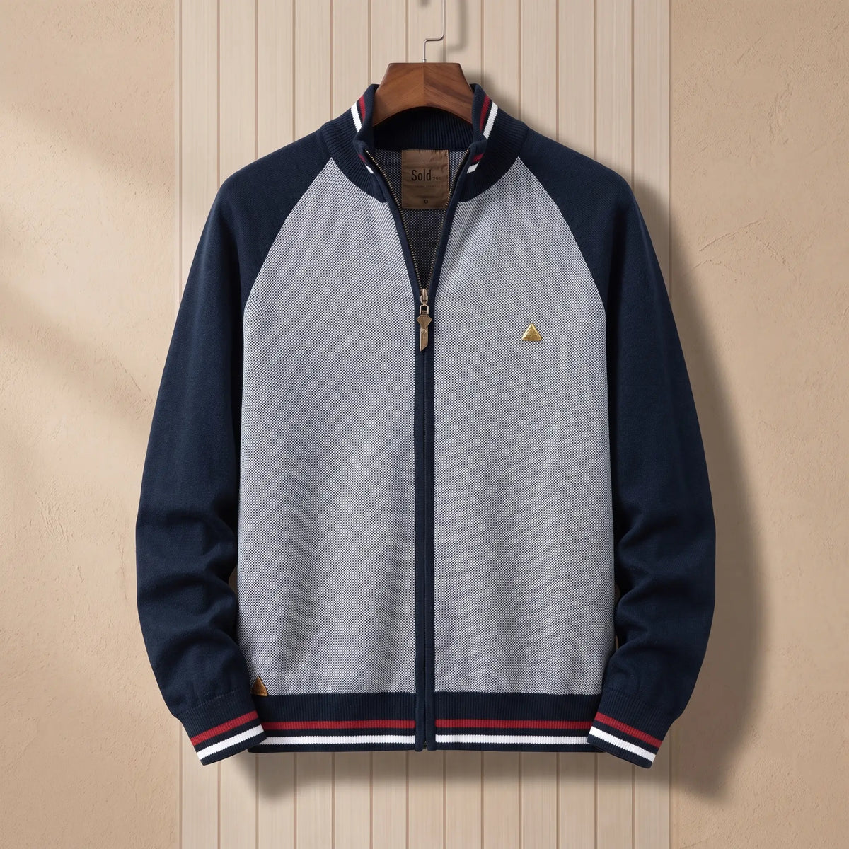 Men's navy blue and grey colour-block zip knit cardigan with tipped stand collar and striped hem