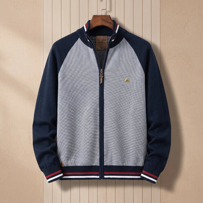 Men's navy blue and grey colour-block zip knit cardigan with tipped stand collar and striped hem