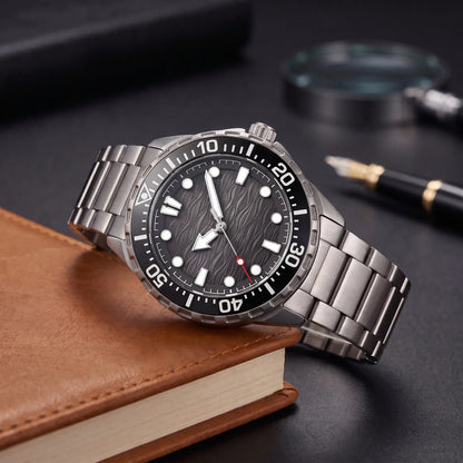 TITANIUM DIVE WATCH in Steel Black - polished steel dive watch with black wave dial and black rotating bezel