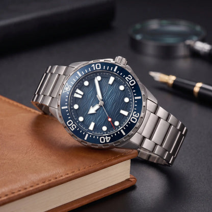 TITANIUM DIVE WATCH in Steel Blue - polished steel dive watch with deep blue wave dial and blue rotating bezel