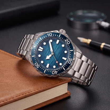 TITANIUM DIVE WATCH in Titanium Blue - dive watch with deep blue wave dial and blue rotating bezel