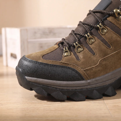 Toe Cap Hiking Shoes in Brown, rubber toe cap and eyelets close-up