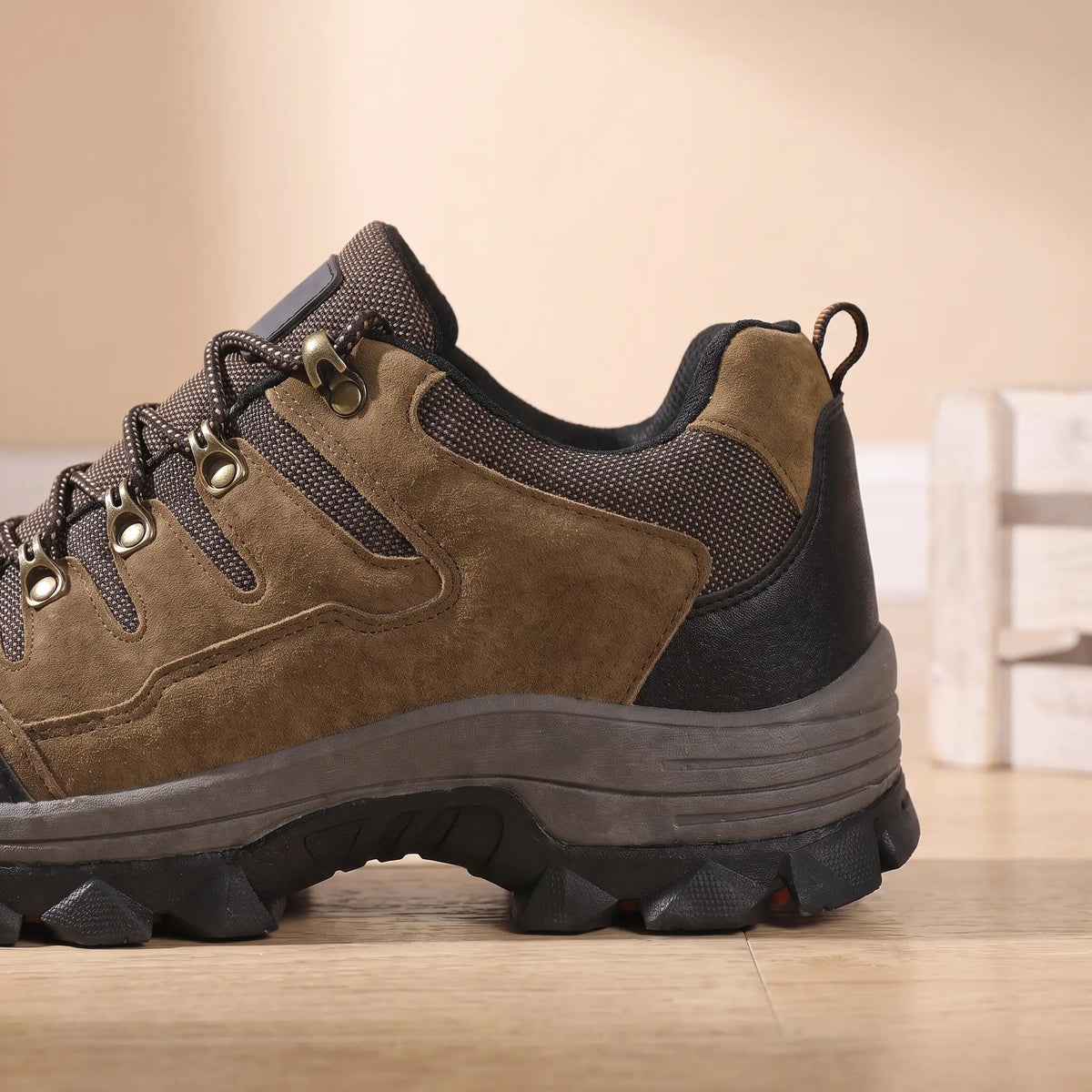 Toe Cap Hiking Shoes in Brown, heel and lug sole close-up