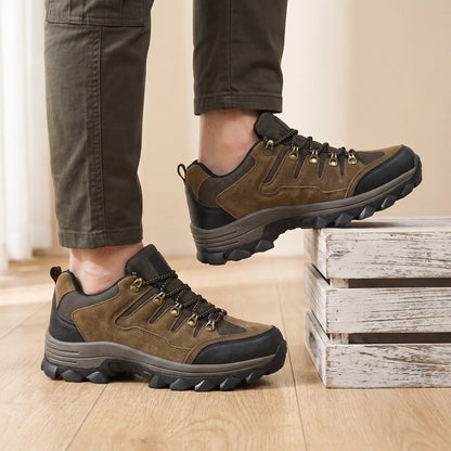 Toe Cap Hiking Shoes in Brown worn as a pair with olive cargo trousers