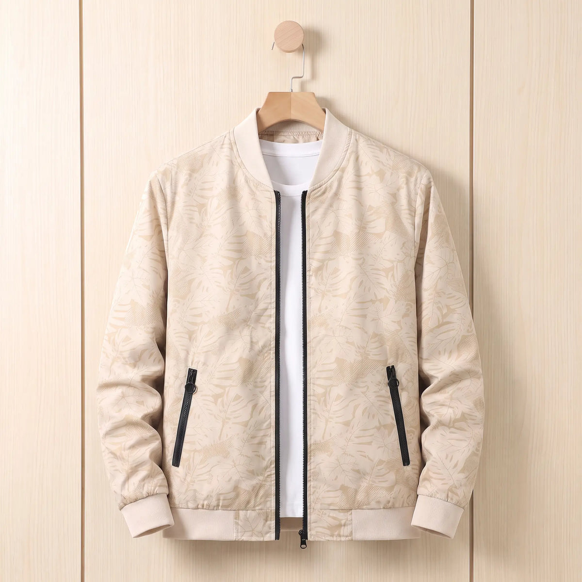 Tonal leaf print bomber in beige