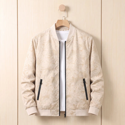 Tonal leaf print bomber in beige