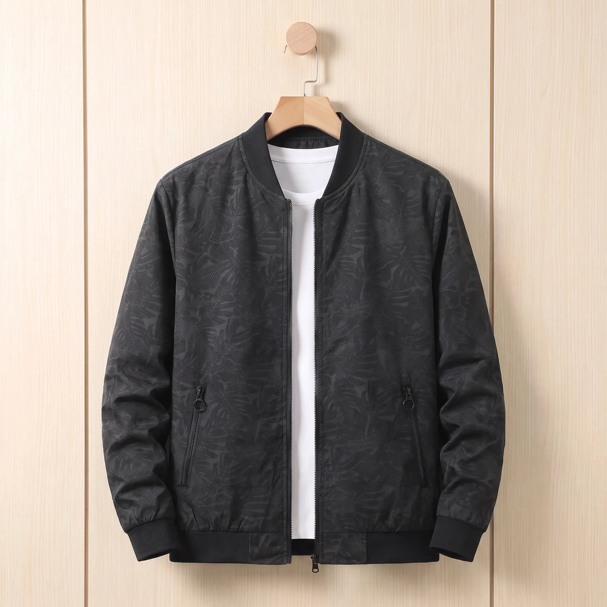 Tonal leaf print bomber in black