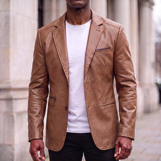 Brown men's leather-look two-button blazer with topstitched notch lapels, worn open over a white tee