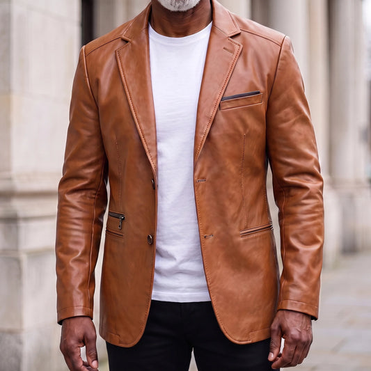 Tan men's leather-look two-button blazer with topstitched notch lapels, worn open over a white tee