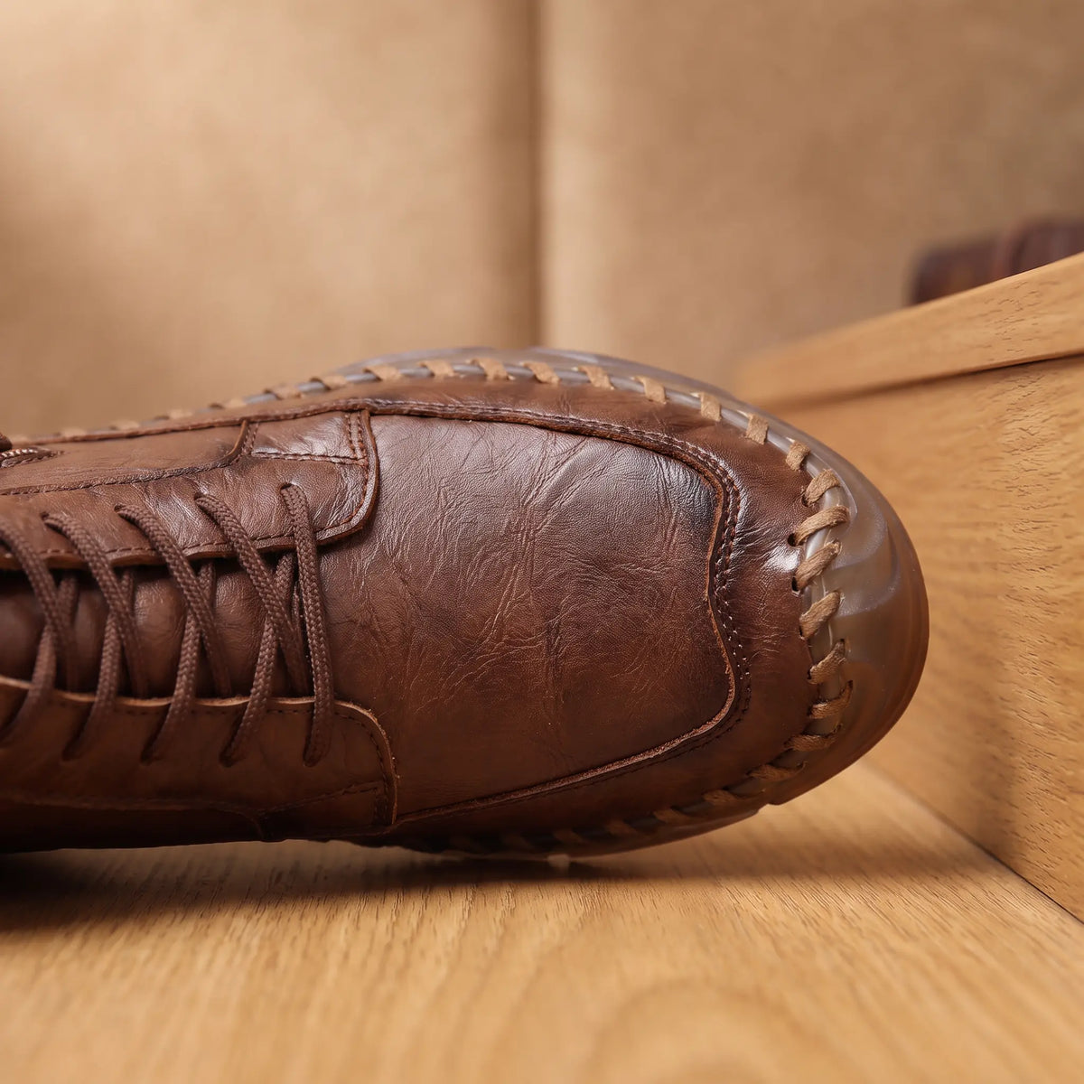 Ankle boot toe and stitching detail