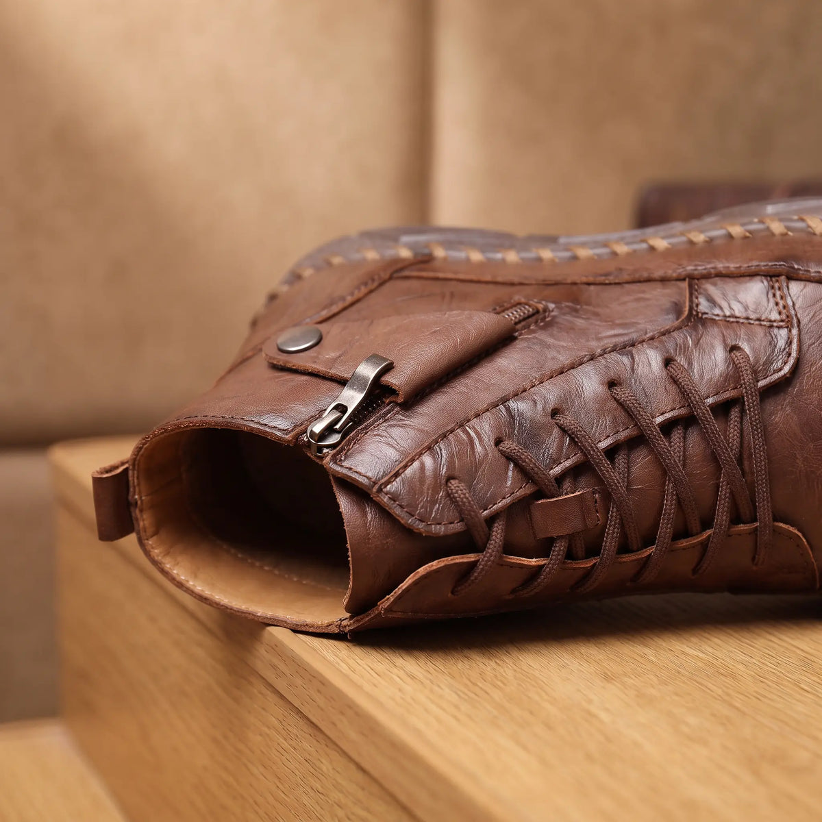 Ankle boot side zip and button detail