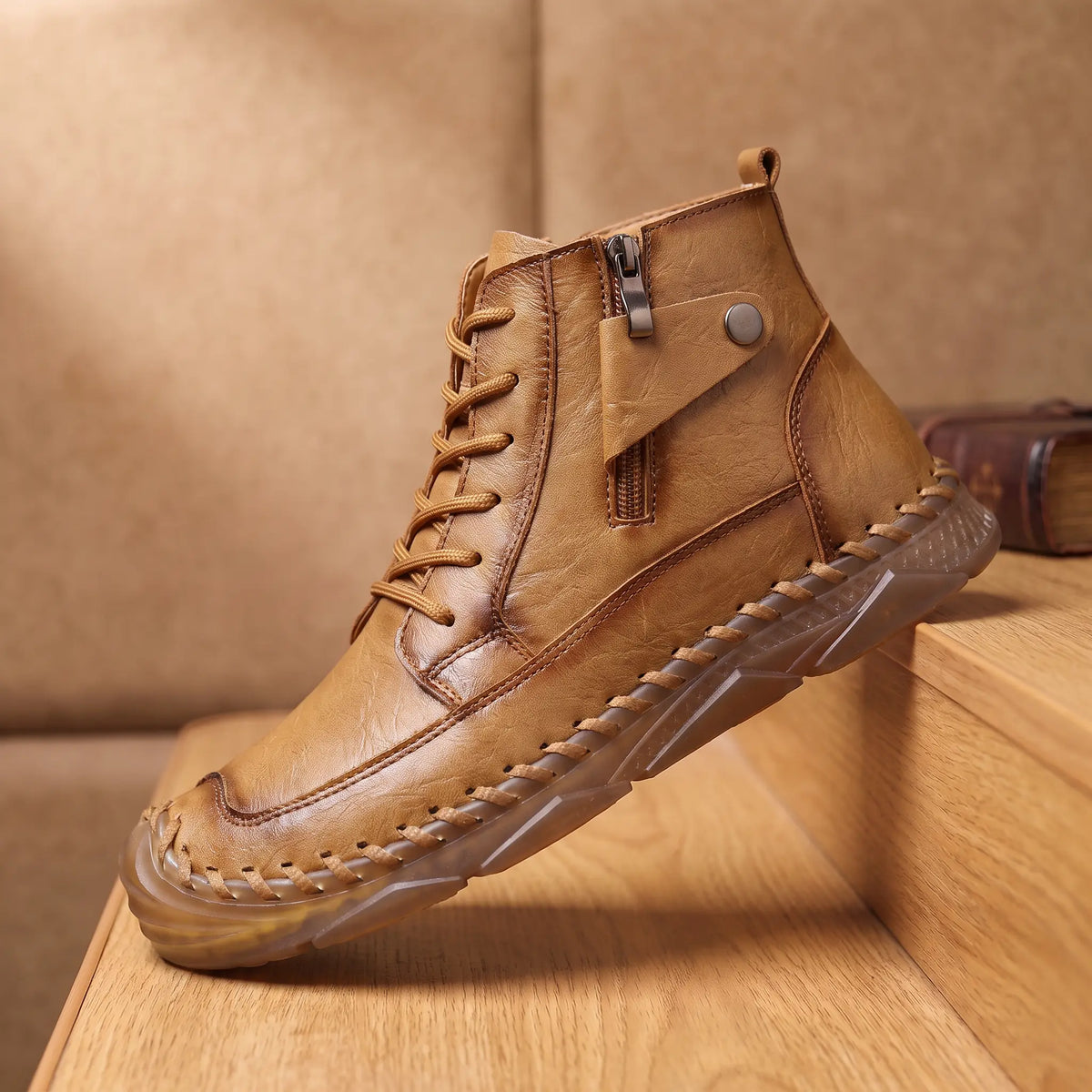 Stitched ankle boot in khaki