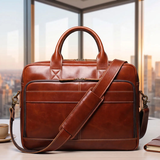 Travel leather briefcase in brown genuine leather with front zip pocket and shoulder strap