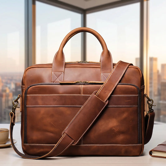 Travel leather briefcase in tan genuine leather with front zip pocket and shoulder strap