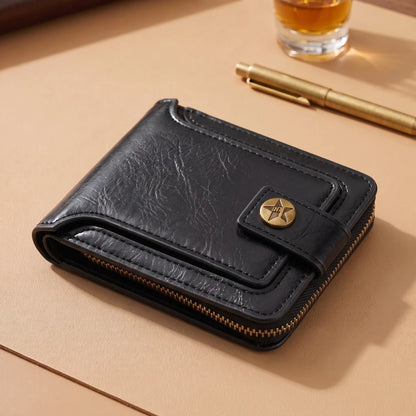 Men's black trifold zip wallet with snap tab and bronze button on a leather desk mat