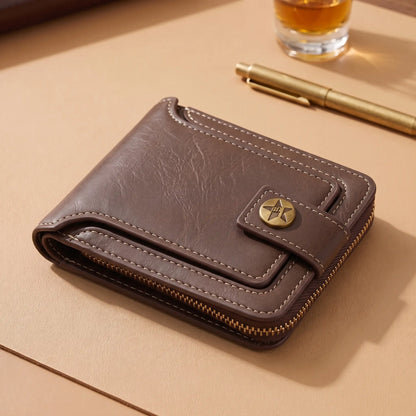 Men's brown trifold zip wallet with snap tab and bronze button on a leather desk mat