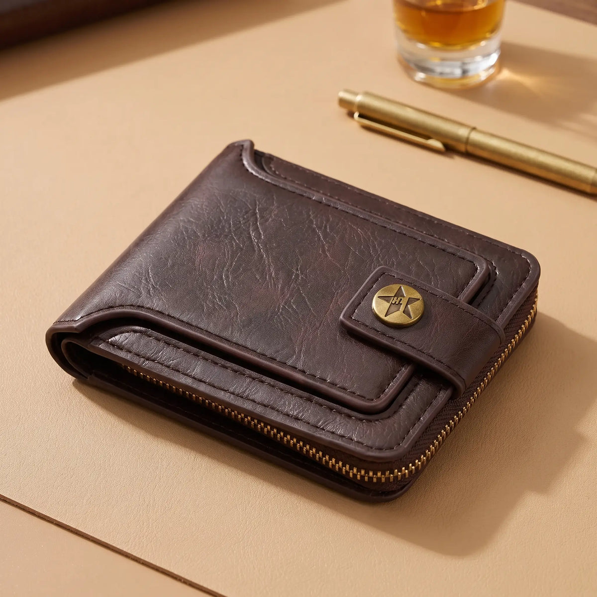 Men's coffee trifold zip wallet with snap tab and bronze button on a leather desk mat
