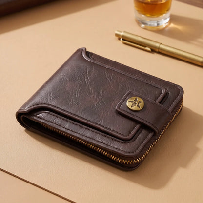 Men's coffee trifold zip wallet with snap tab and bronze button on a leather desk mat