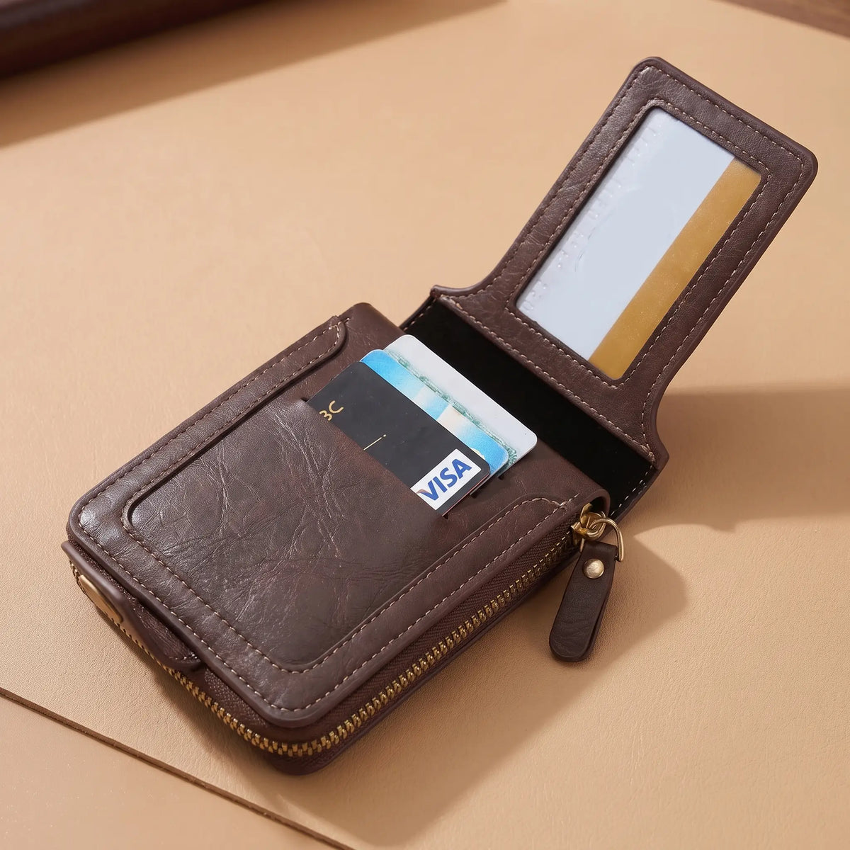 Open trifold wallet showing ID window and card slots