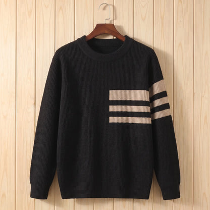 TRIPLE STRIPE SWEATER in black with tan stripes, men's waffle knit crew-neck sweater with three chest and sleeve stripes