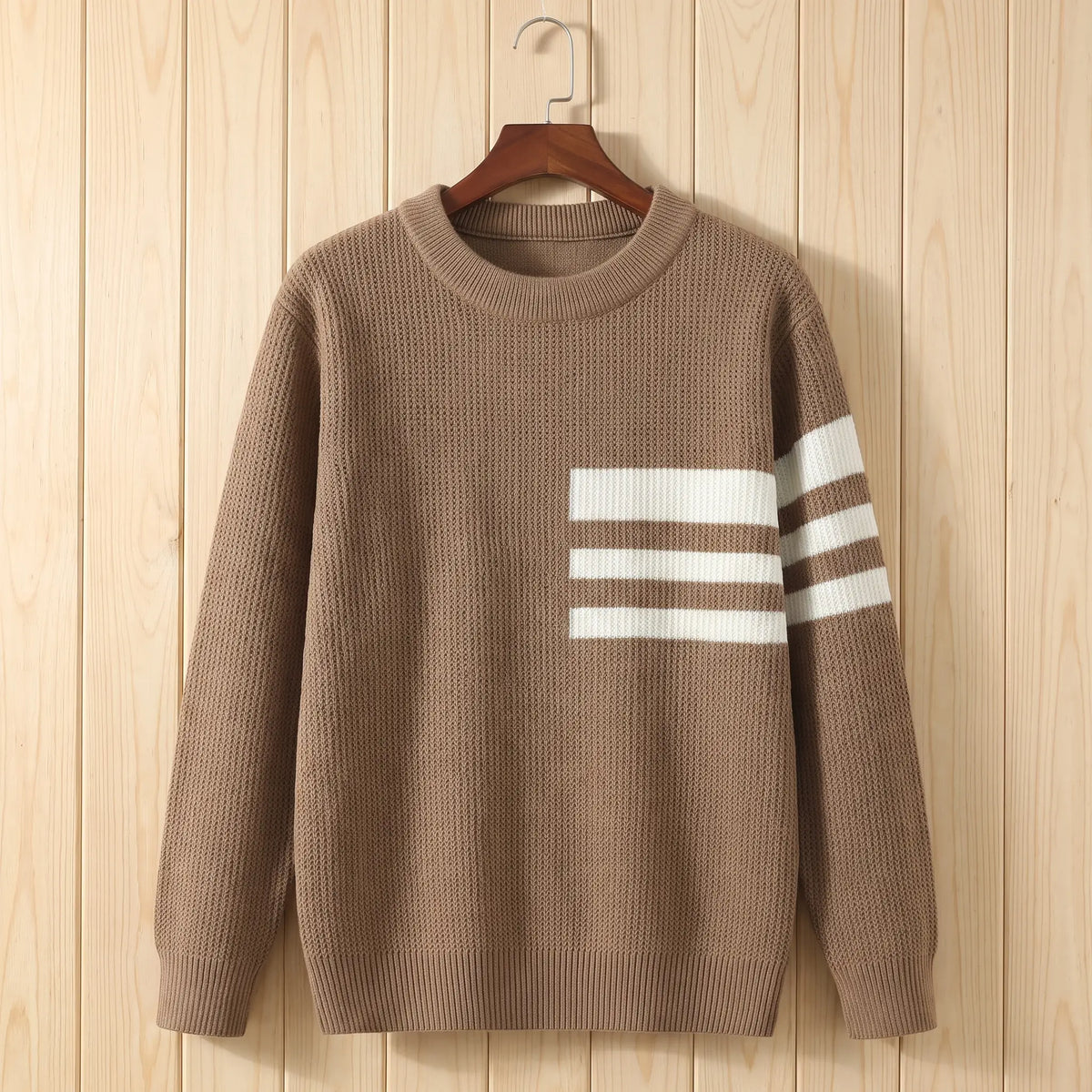 TRIPLE STRIPE SWEATER in brown with off-white stripes, men's waffle knit crew-neck sweater with three chest and sleeve stripes