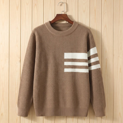 TRIPLE STRIPE SWEATER in brown with off-white stripes, men's waffle knit crew-neck sweater with three chest and sleeve stripes