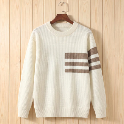 TRIPLE STRIPE SWEATER in white with brown stripes, men's waffle knit crew-neck sweater with three chest and sleeve stripes
