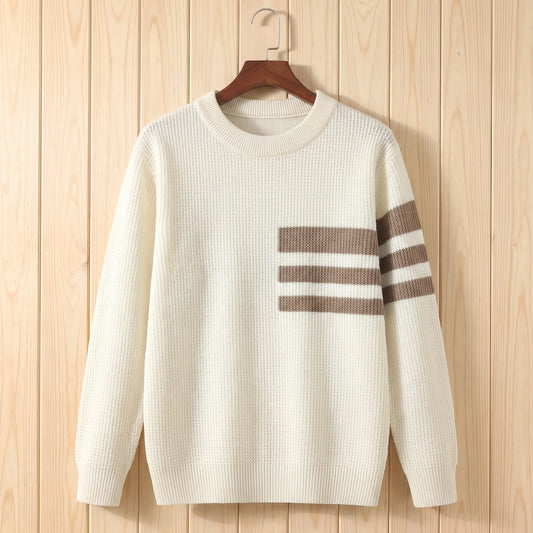 TRIPLE STRIPE SWEATER in white with brown stripes, men's waffle knit crew-neck sweater with three chest and sleeve stripes