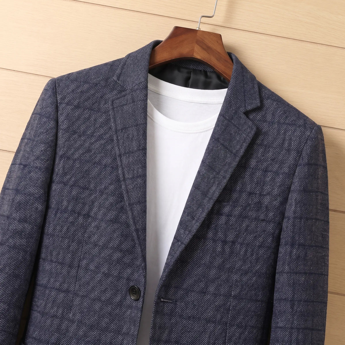 Twill Check Blazer in Blue, notch lapel and check fabric close-up