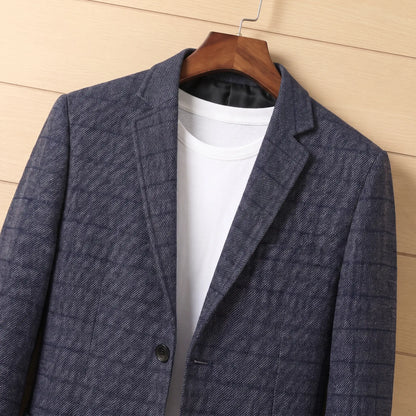 Twill Check Blazer in Blue, notch lapel and check fabric close-up