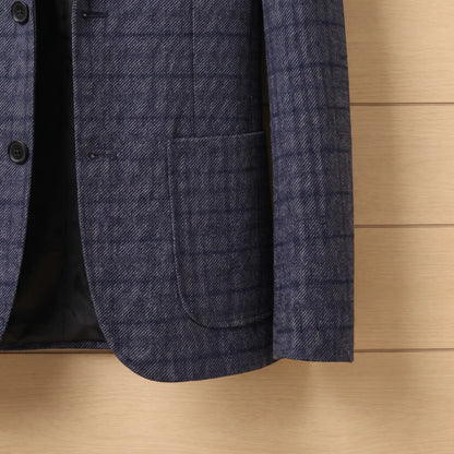Twill Check Blazer in Blue, patch pocket and hem close-up